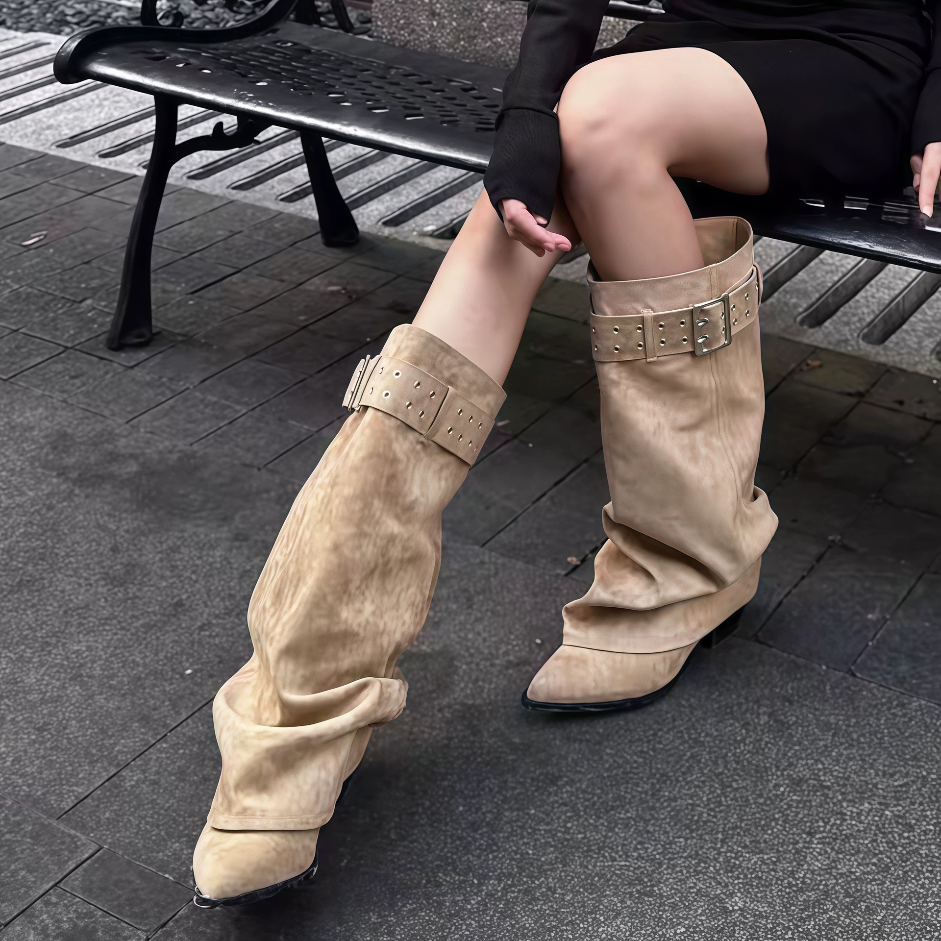 Chuyuji Botas Francesas Retrô Panturrilha Larga Bico Fino Salto Grosso, Mulher, Rebites Fivela Cinto · MOHE China shoe factory