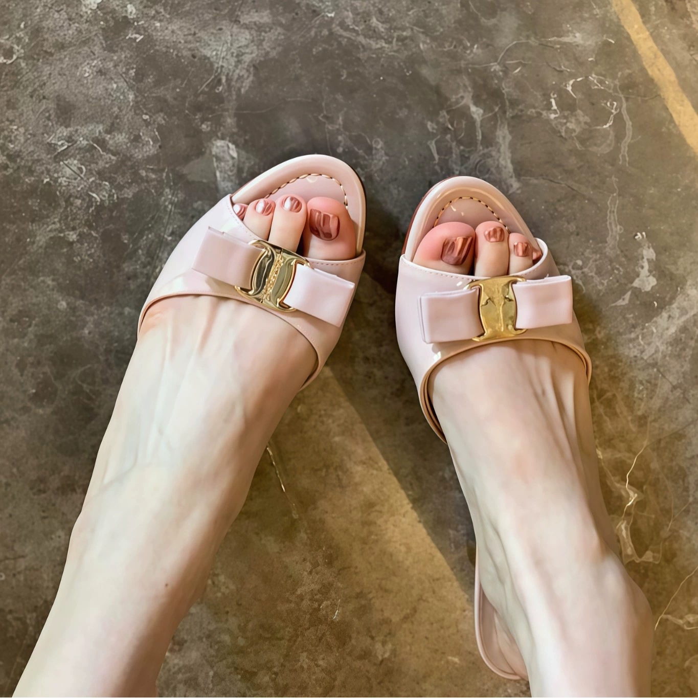 Women's Nude Pink Gold Buckle Bow Stiletto Slide Sandals for Dresses
