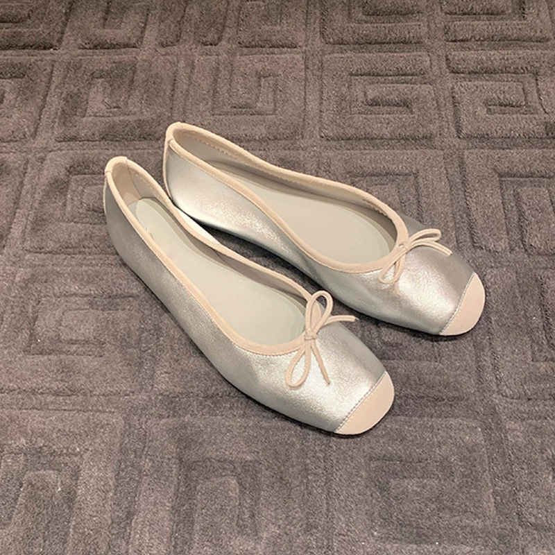 Chaussures coréennes douces bouche peu profonde noeud talon épais mode bloc couleur soie ballerines femme transfrontalières