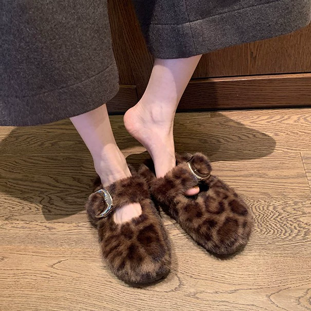 Damen Fell Leopardenmuster 4cm Dicksohle Schnalle Warme Hausschuhe Clogs Herbst Winter