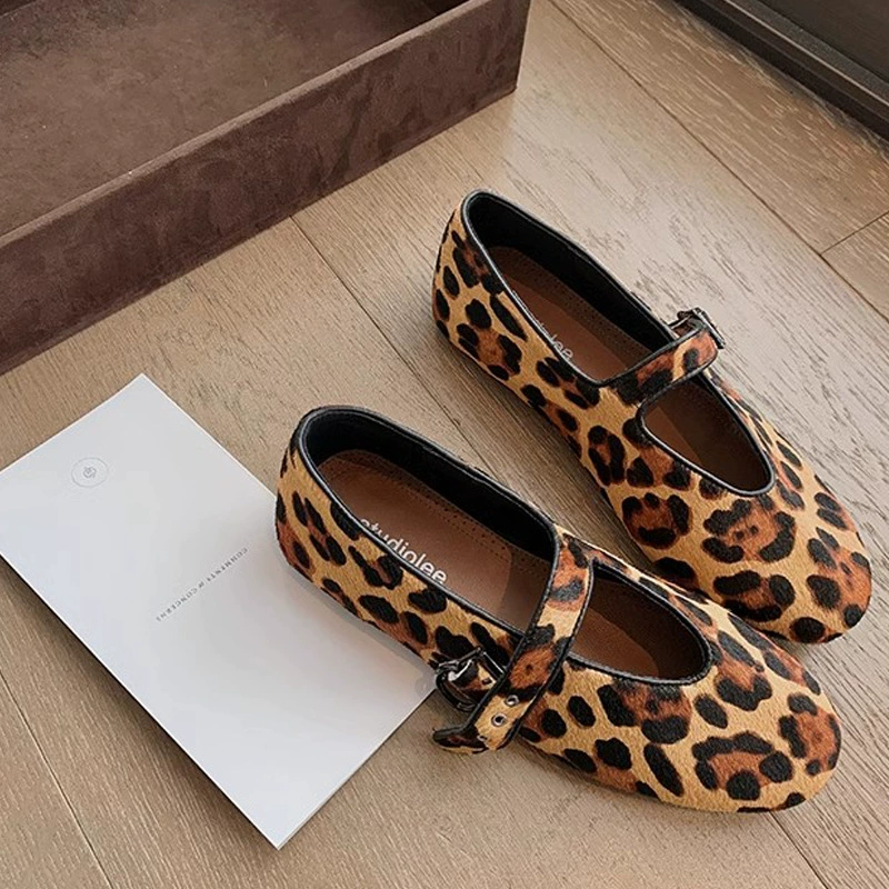 Nouvelles Chaussures Mary Jane Plates à Bride Bout Rond Imprimé Léopard Printemps pour Femme