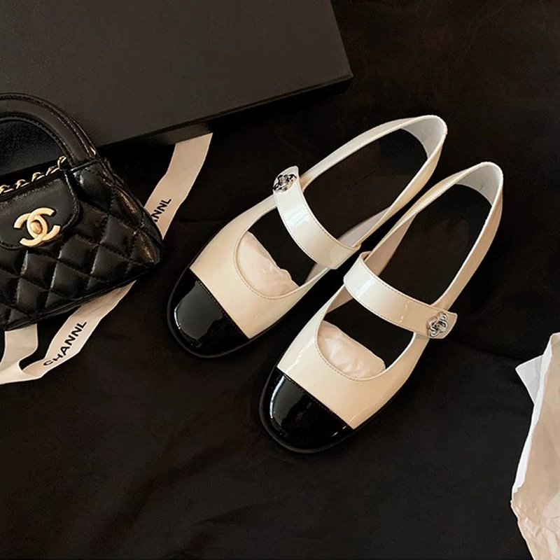 Chaussures Mary Jane femme avec talon bloc bicolore, style Chanel classique, printemps