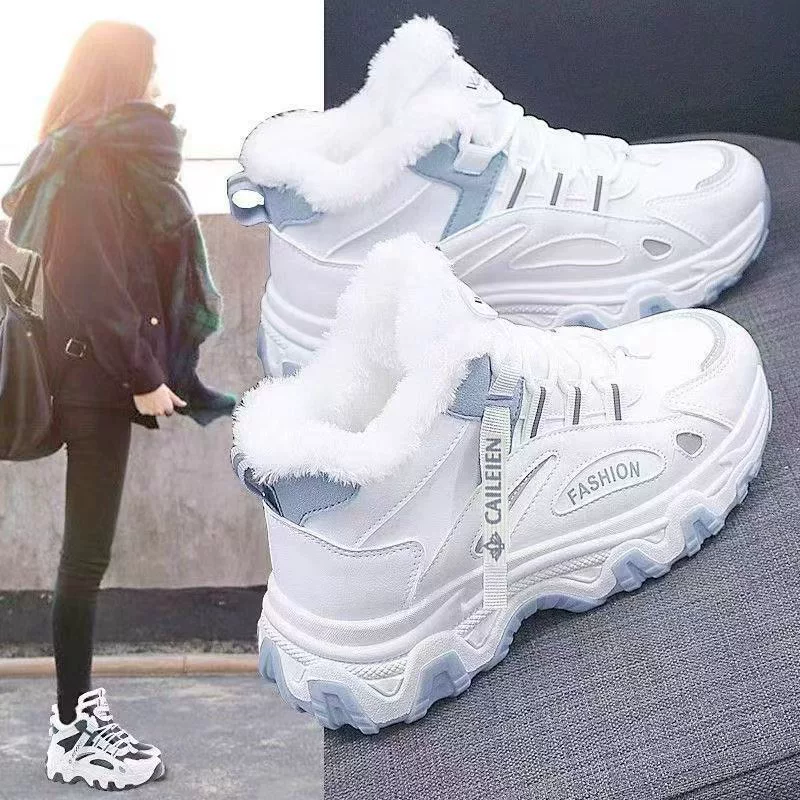 Women's Winter Fleece Lined High Top Chunky Sneakers Thick Sole Warm Cotton Shoes