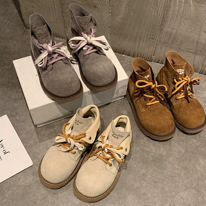 Damen Chunky Runde Spitze Color Block Doppelschnürung Kurze Martin Stiefel Herbst