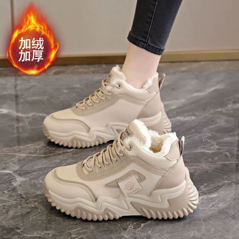 Zapatillas chunky de invierno forradas con fleece para mujer, caña alta, suela gruesa, zapatos de algodón calientes