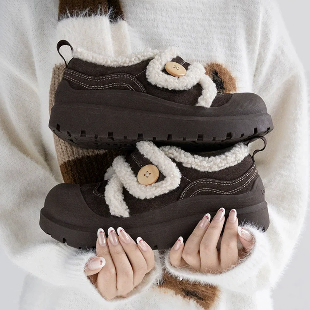 Nouvelles chaussures en coton à semelle épaisse en laine d'agneau pour femme Automne Hiver, cuir véritable, velcro, épaisses, chaussures moelleuses de banlieue