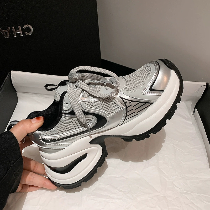 Women's Lace-Up Sneakers with Mesh Upper, Thick Sole, Platform, Summer