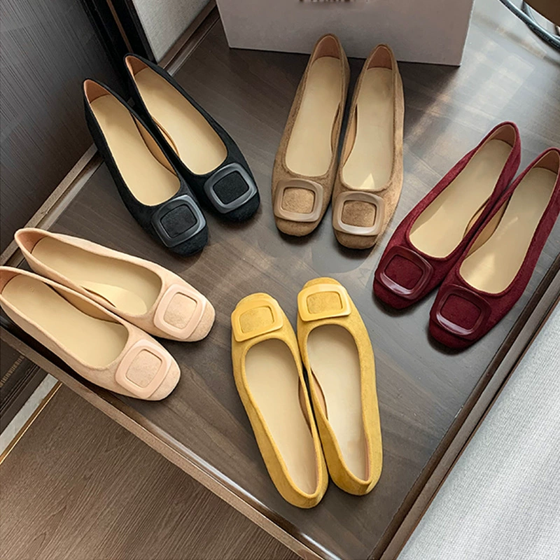 Women's Round Toe Square Buckle Suede Office Flats Spring Fall
