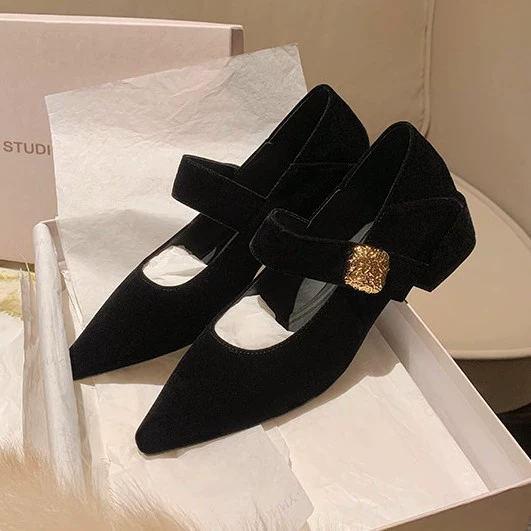 Zapatos Mary Jane Primavera Nuevo Tacón 3.5cm Elegante Punta Afilada, Terciopelo