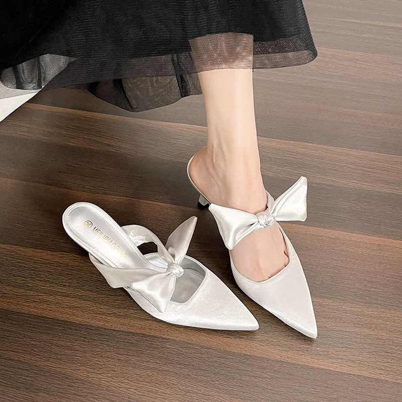 Sandales femme en satin à bout pointu nœud mules talon aiguille fermées