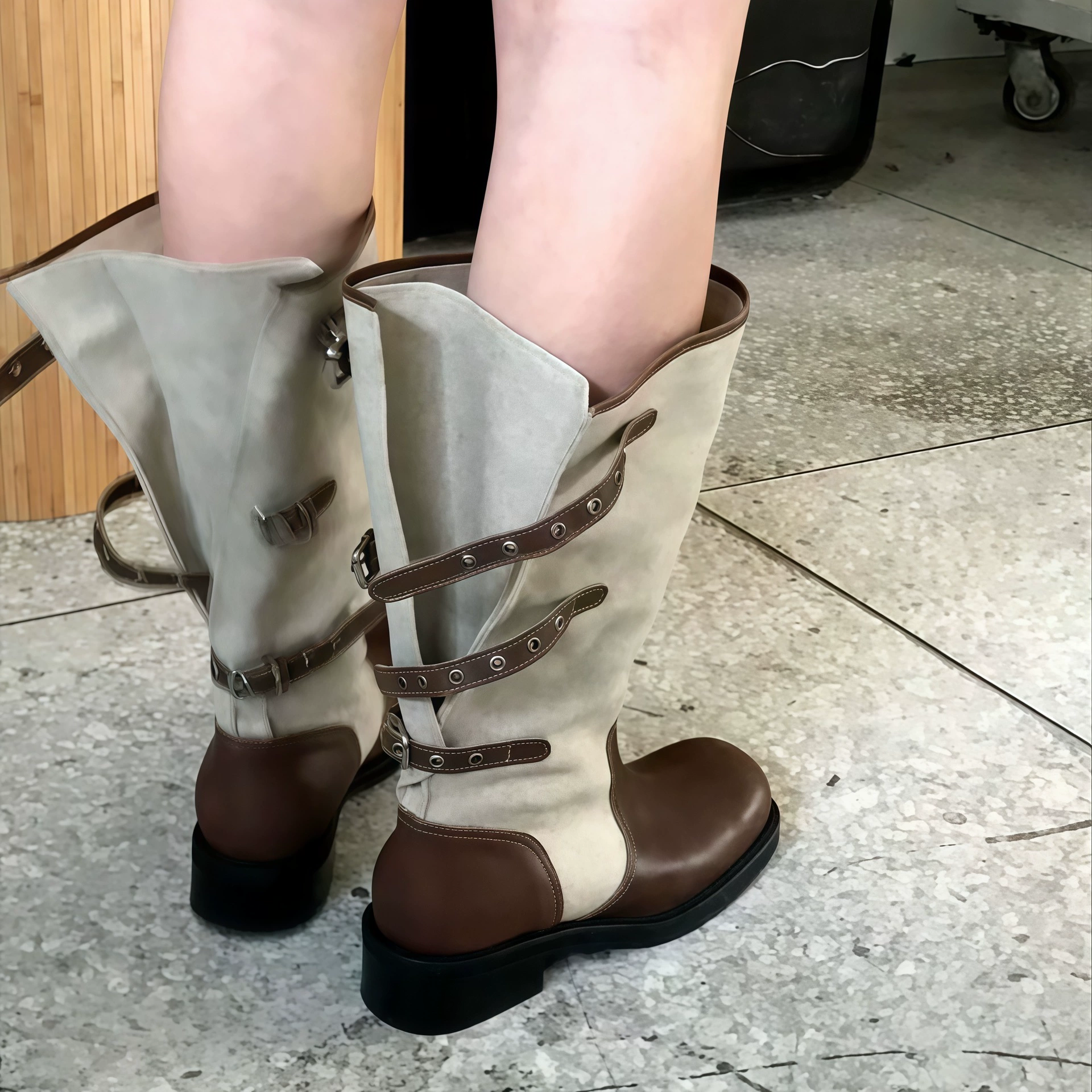 Botas Femininas Retrô de Bico Redondo com Cano Largo Dobrável, Botas Altas de Salto Grosso