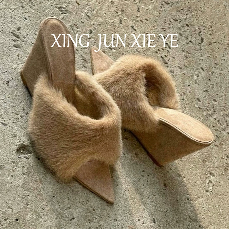 Zapatillas de piel con punta abierta, otoño 2025, francesas casuales de moda, cuña