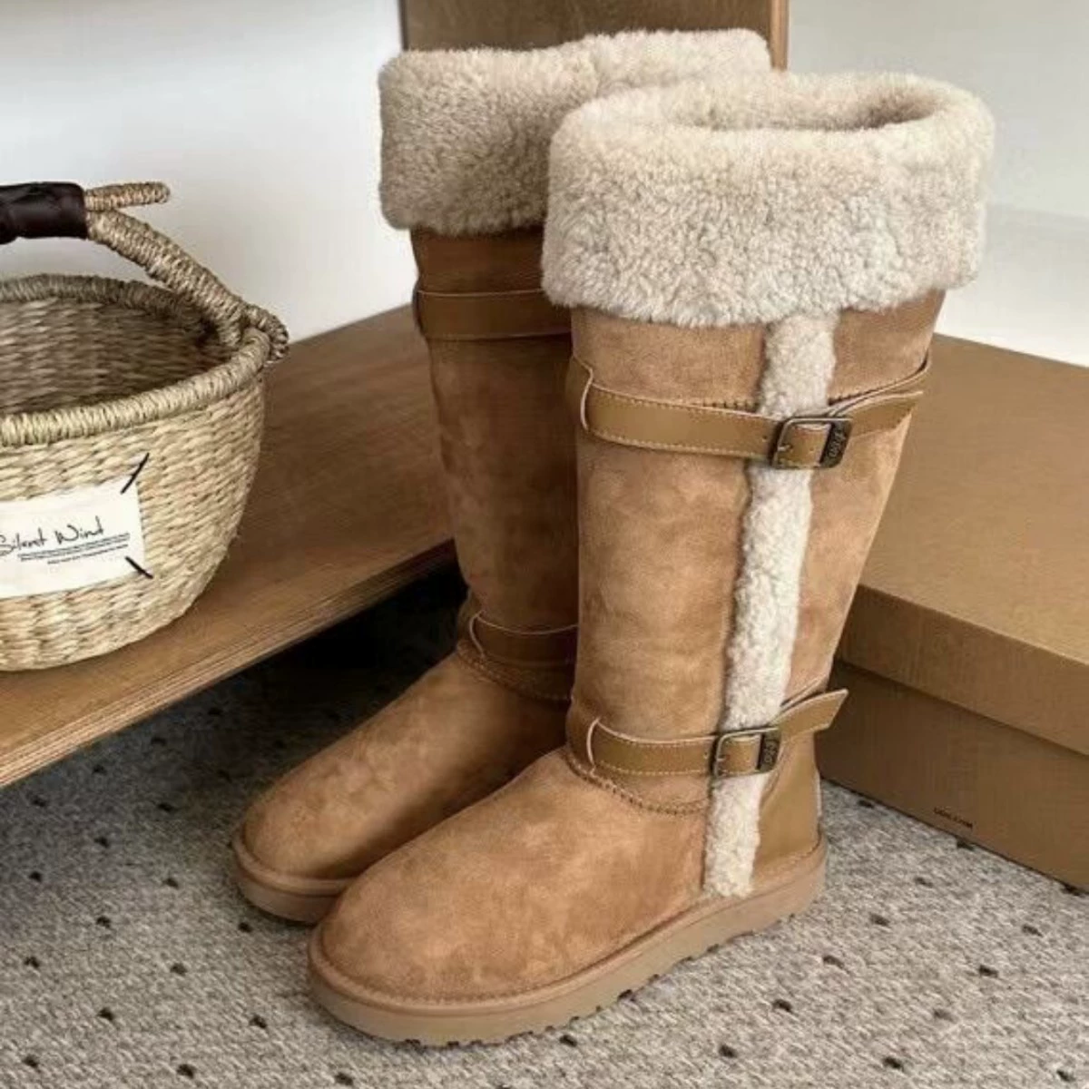 Neue Herbst-Winter-Fleece-gefütterte Schneestiefel Damen, echtes Leder, lässige Plateau-Sohle, dicke, hohe Zwei-Wege-Baumwollschuhe