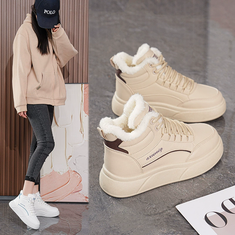 Zapatos Blancos Altos Forrados de Vellón Invierno Mujer Coreanos Suela Gruesa Deportivos Casual Cálidos Zapatos de Algodón Botas Cortas