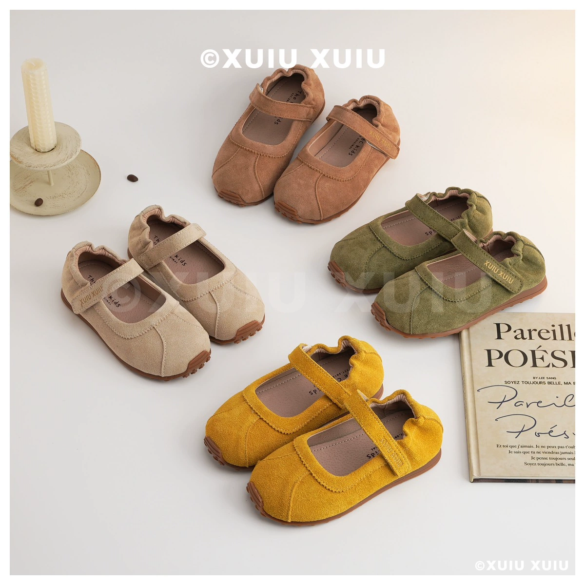 XSHX Mius Chaussures ballerines en cuir plissé pour filles, scratch rétro printemps automne