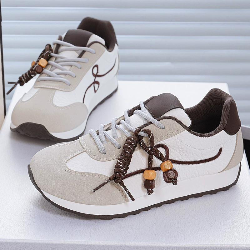 Women's Soft Leather German Training Shoes 2025 Fall Beaded Lace Up Casual Sneakers