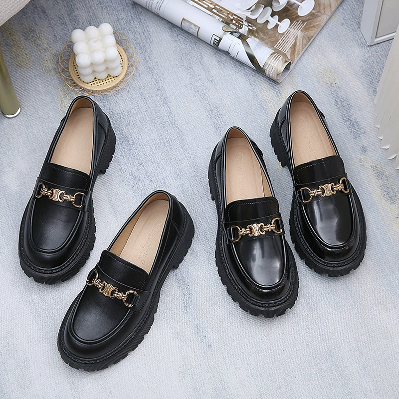Factory Loafer Damen, neu Frühling, britischer Stil, Lederschuhe, Metallschnalle, runde Spitze, dicke Sohle · MOHE China shoe factory