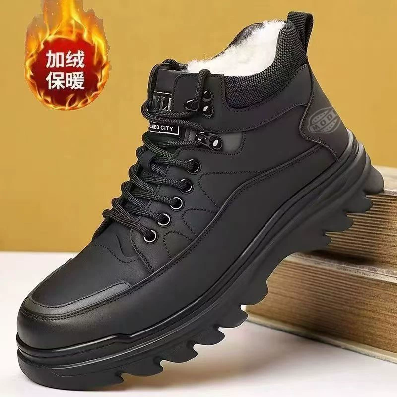 2026 Winter Men's High Top Warm Lined Leather Shoes Black Korean Martin Boots Thick Casual Cotton Shoes