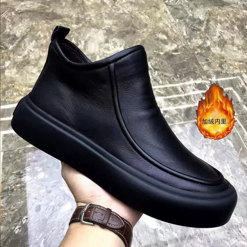 Men's Shoes 2025 Fall Winter New Black Leather Short Boots Casual Warm Lined Slip-On Fashion Boots