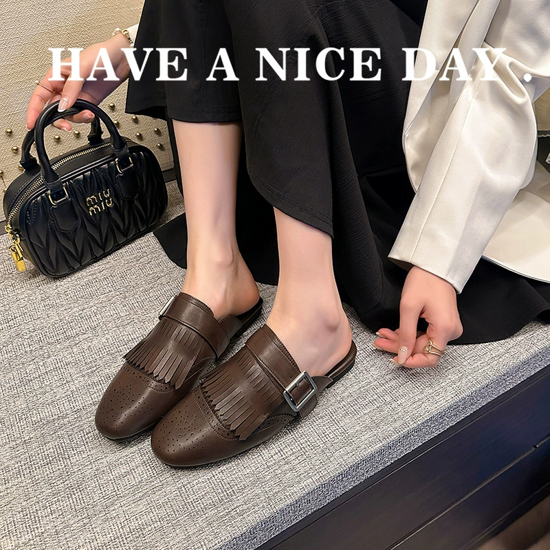 Nouvelles Mules Franges Broche Vintage Cuir Souple pour Femme Été