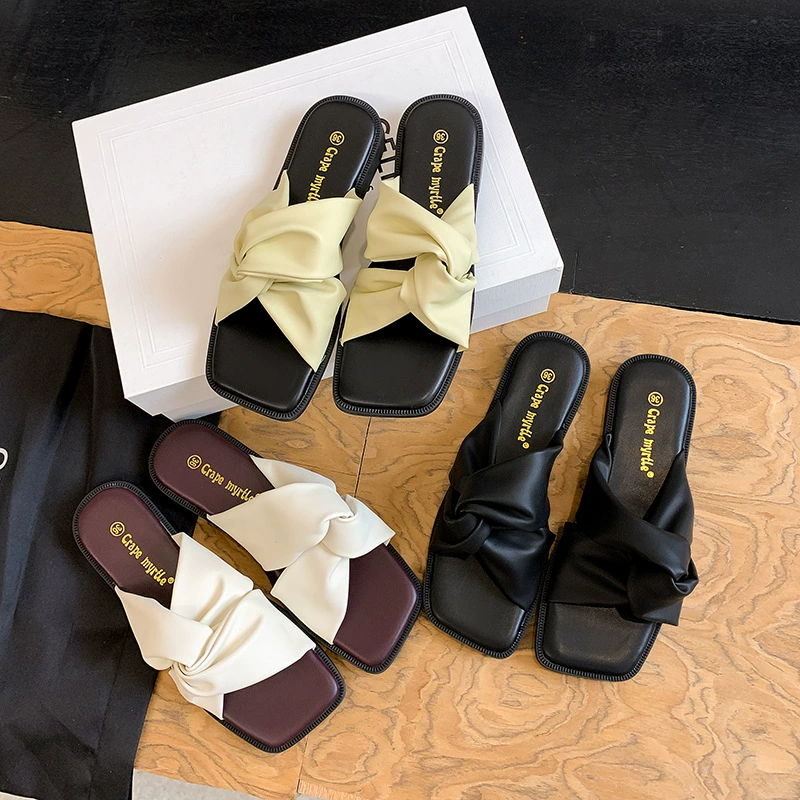 Mules Slides de Couro Macio Bico Quadrado Nuvem Praia Verão para Mulheres
