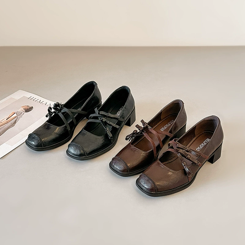 Chaussures Mary Jane à Bout Carré Rétro Français pour Femme, Bride Croisée Nœud, Talon Épais · MOHE China shoe factory