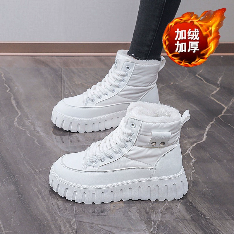 Botas de nieve de invierno forradas con fleece para mujer, caña alta, suela gruesa, botas cortas de algodón calientes