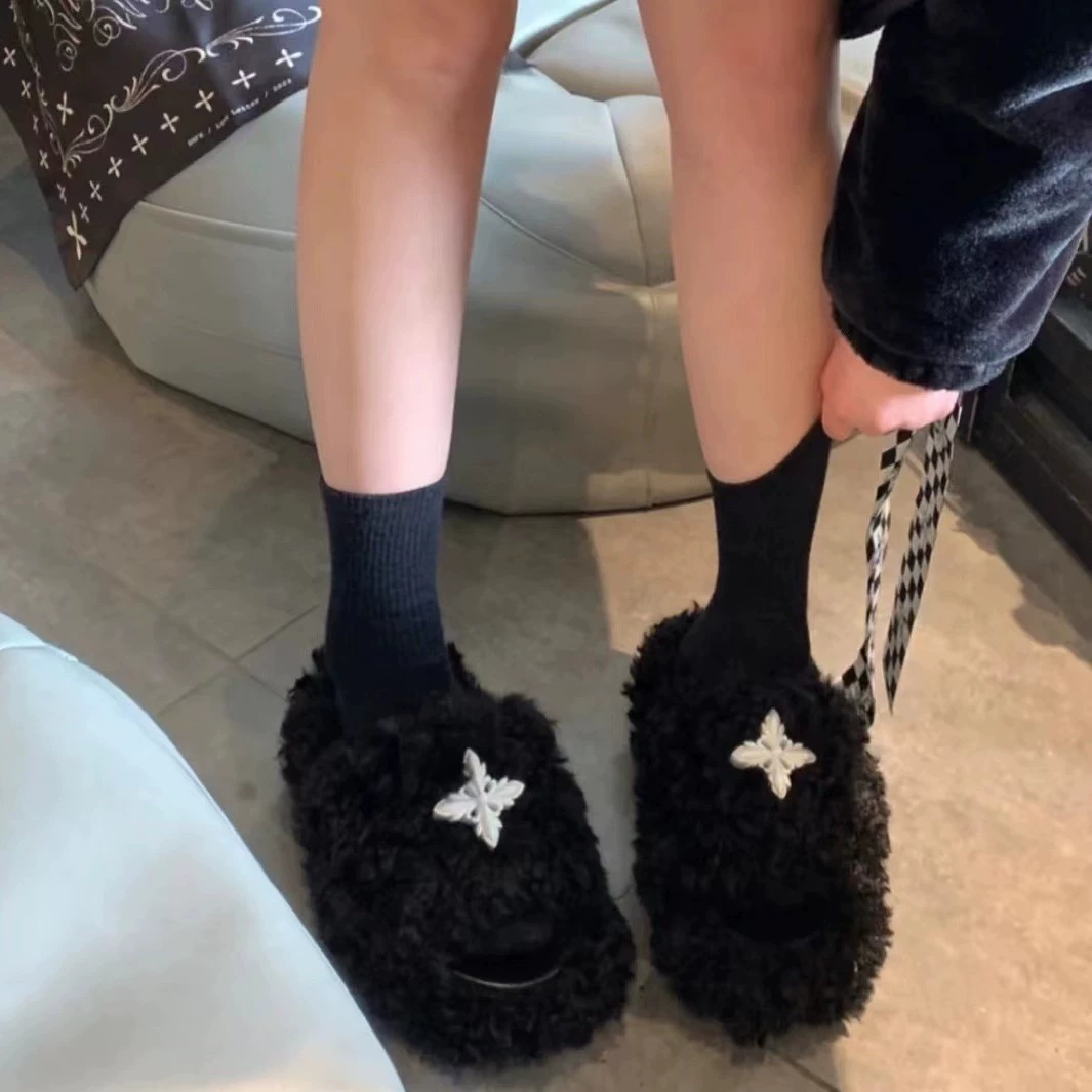 Chinelos MONA com Cruz de Flores Femininos, Sapatos Casuais Planos de Bico Aberto Coreanos