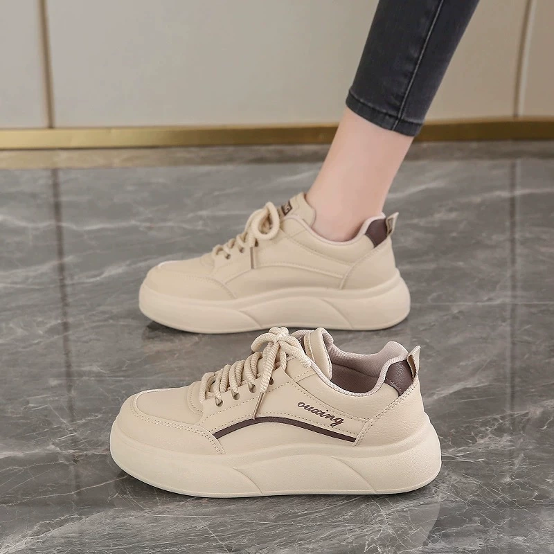 Chaussures blanches femme printemps 2025, sneakers décontractées à semelle épaisse style coréen
