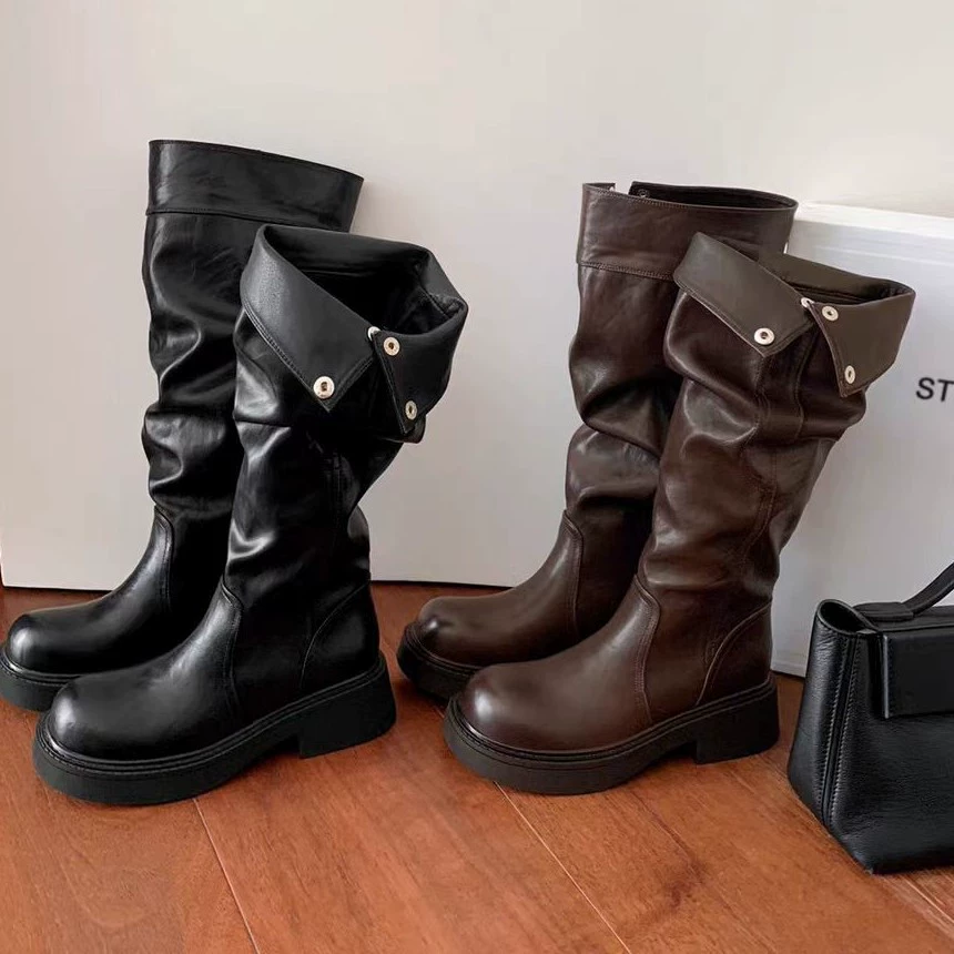 Women's Wasteland Fold Stack Boots 2 Way Wear Foldable High Knee Boots Chunky Heel