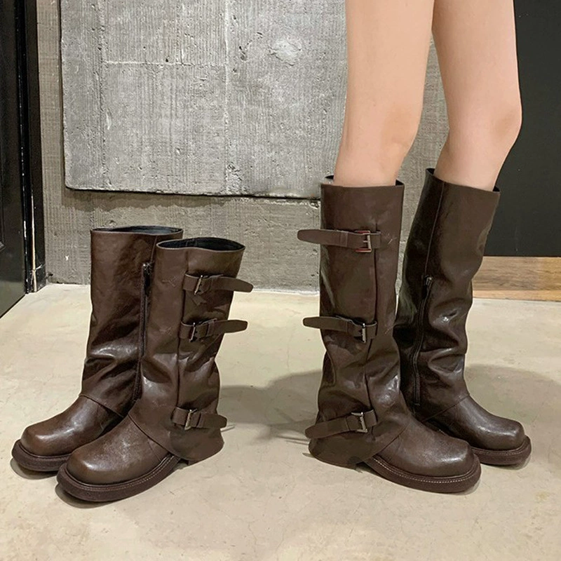 Women's 6cm Platform Belt Buckle Square Toe Mid Calf Riding Boots