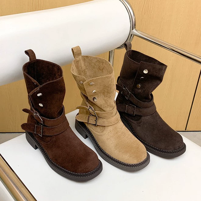 Women's Martin Boots Chunky Heel Thick Sole Buckle Strap Short Boots 5.5cm