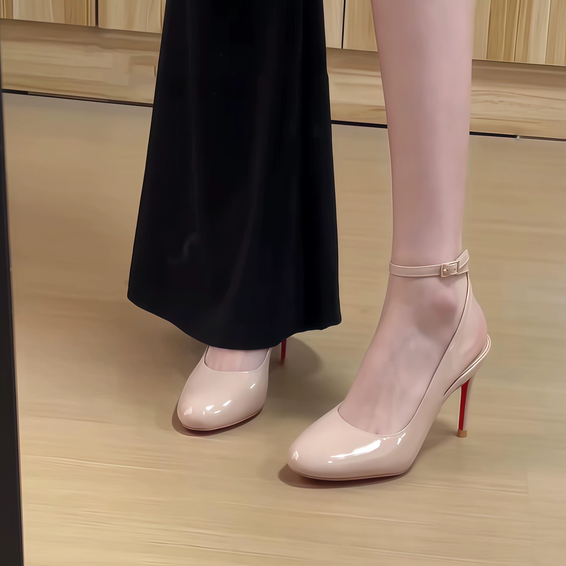 Chuyuji Salto Alto Bico Redondo Mulheres 2026 Novo Tira Tornozelo Stiletto Sola Vermelha Sapatilhas Couro Patente Francês Elegante Fechado · MOHE China shoe factory