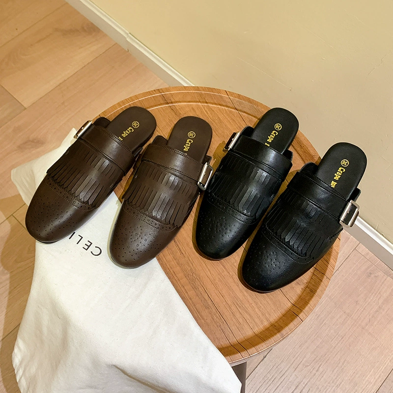 Damen Geschnitzte Quaste Mules Slip On Loafers Flache Schuhe Frühling Sommer Retro