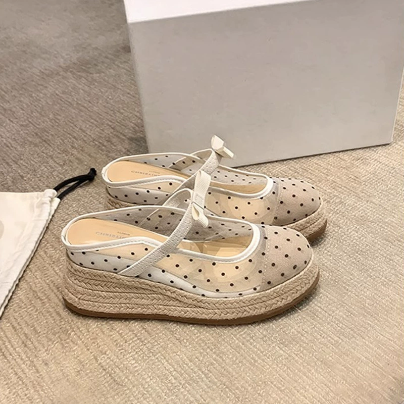 Women's Summer 8cm Platform Mesh Rope Wedge Bow Mary Jane Slides