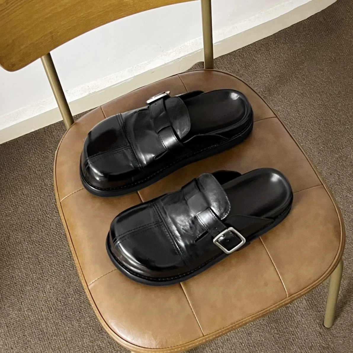 Zapatos Birkenstock de cuero genuino lavado retro desgastado de suela gruesa para mujer, sin cordones
