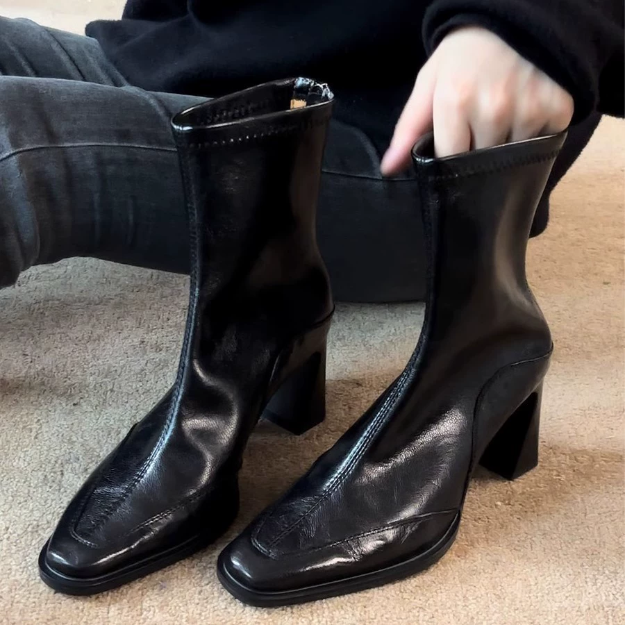 Autumn Winter Korean Chunky Heel Square Toe Short Boots, Vintage Elastic Slim Fit Boots for Women, Back Zipper High Heel Martin Boots