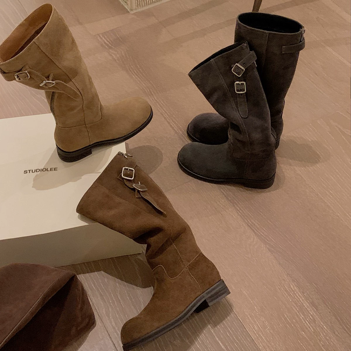 Neue 3D runde Zehen Reißverschluss Schnallenriemen Blockabsatz Reitstiefel für Damen, High Heel Stacked-Stiefel