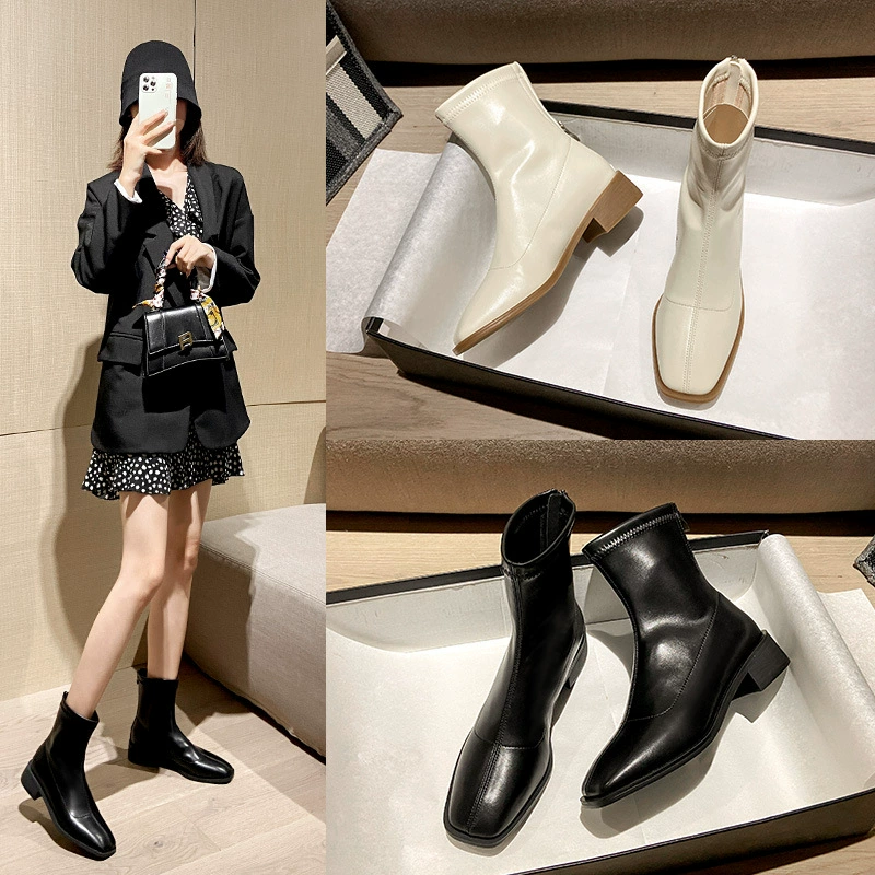 Martin Stiefel Quadratzehe klobige kurze Stiefel für Damen Herbst, neue schlanke Stiefel Korean 3172-8