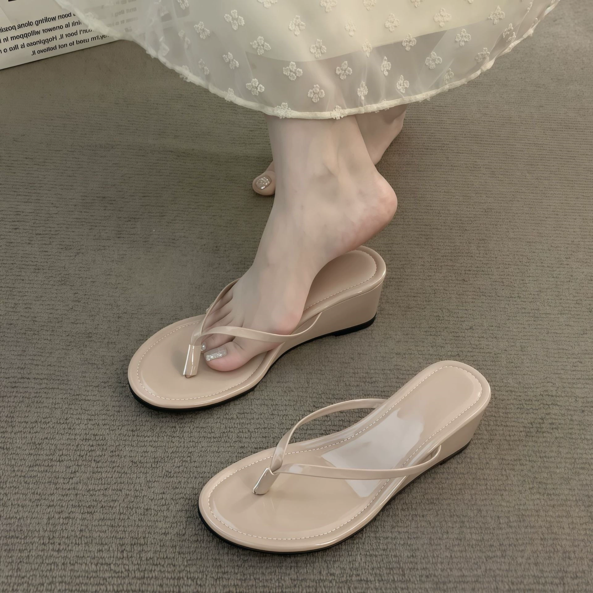 Sandalias Chuyuji de tacón alto color nude, vacaciones en la playa, aumento de altura interior