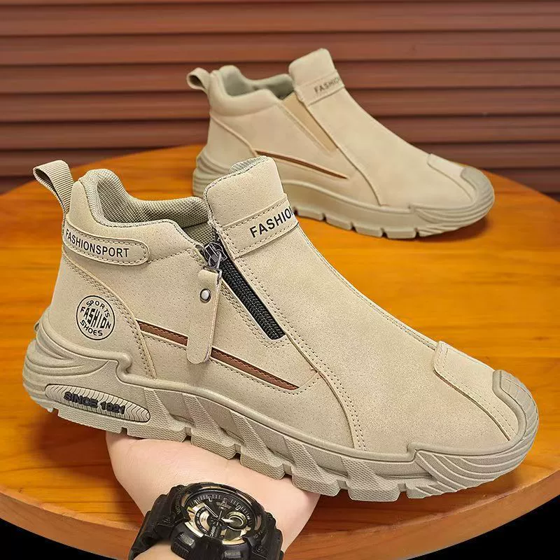 2025 Fall New Side Zipper Mid Top Fashion Work Shoes Men's Thick Sole Slip-On Casual Martin Boots
