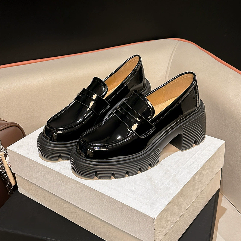 Mocasines para mujer con plataforma de 7 cm, charol, tacón grueso, slip-on