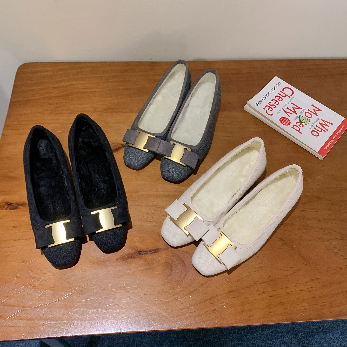 Women's Mary Jane Shoes with Bow, Metal Buckle, Fleece Lining, Square Toe, 2025