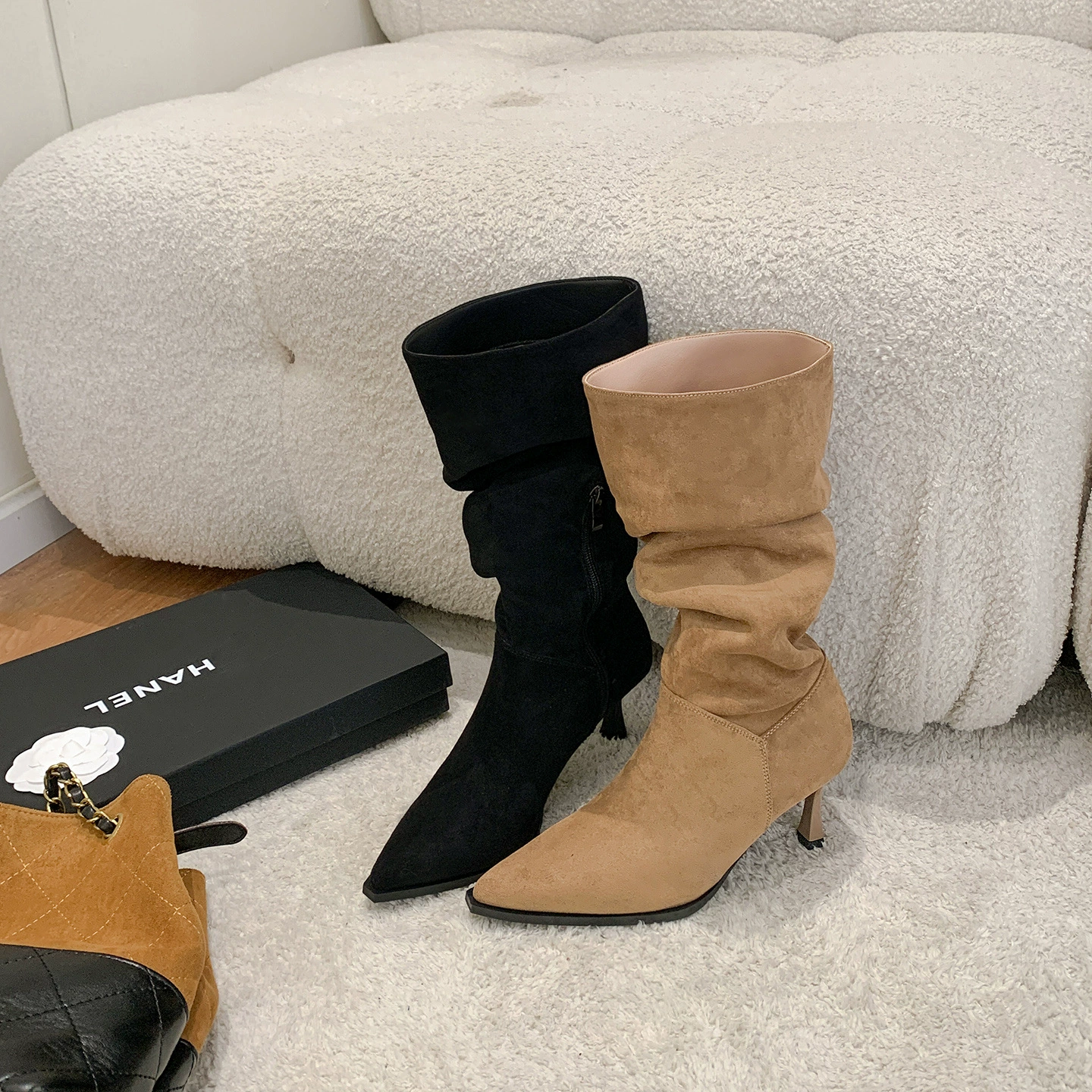 Women's Knee High Boots with Pointed Toe, Slim Fit, Stacked Heel, Khaki, 2025