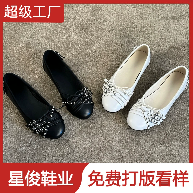 Ballerines punk à nœud et bout rond pour femmes, chaussures slip-on printemps-automne