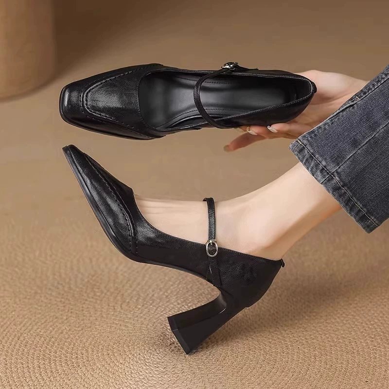 Sapatos Mary Jane Femininos com Salto Grosso, Bico Quadrado, Estilo Francês, Escritório, 2025