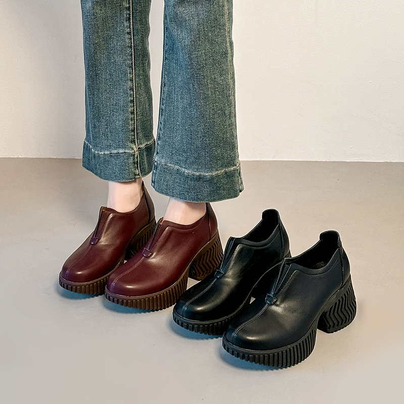 Women's Loafers with Thick Sole, Chunky Heel, Brown, Retro, Platform, 2025