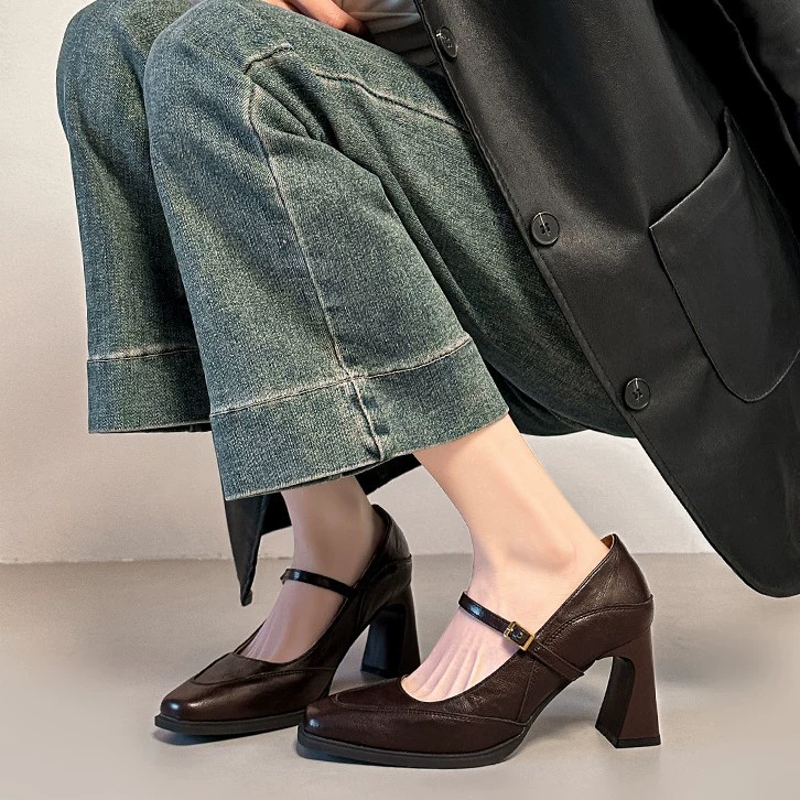 Sapatos Mary Jane Femininos com Bico Quadrado, Salto Chunky, Uma Tira, Estilo Francês
