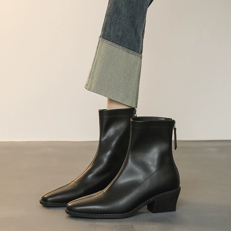 Botas de Cano Curto Femininas com Salto 5,5cm, Bico Quadrado, Painel Elástico, Salto Chunky