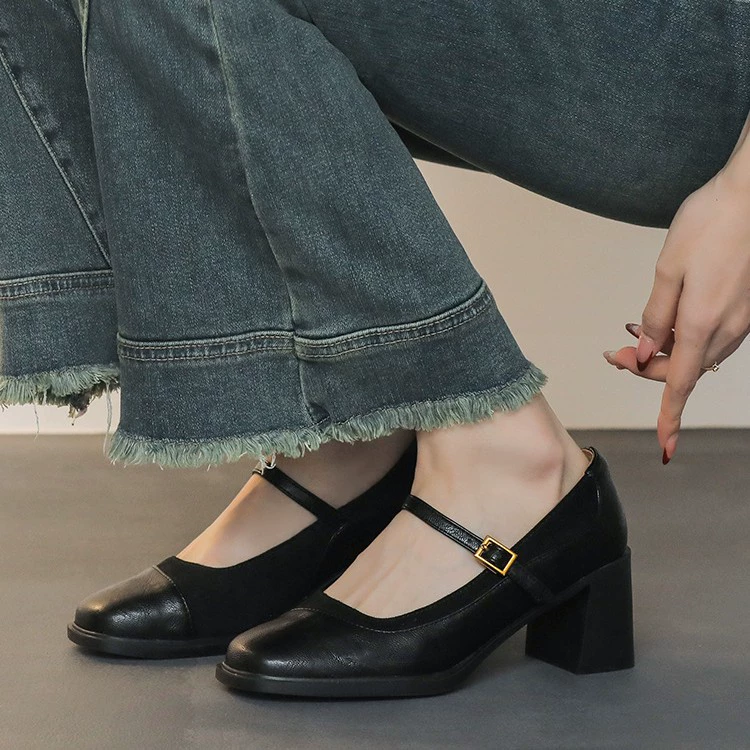 Sapatos Mary Jane Femininos com Salto Chunky, Estilo Francês, Couro Macio, Novo 2026
